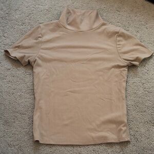 Blue Rain Ribbed Short-Sleeve Mock Neck Top - Beige